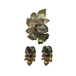 Leaf Brooch Earrings Green Gold Enamel Autumn Leaves Vintage Pin Pierced Drop‎